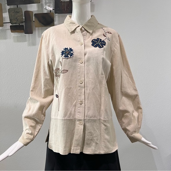 Vtg TEDDI Linen/Cotton Embroidered Button Front Shirt Granny Core Beaded Sz L - Picture 1 of 12